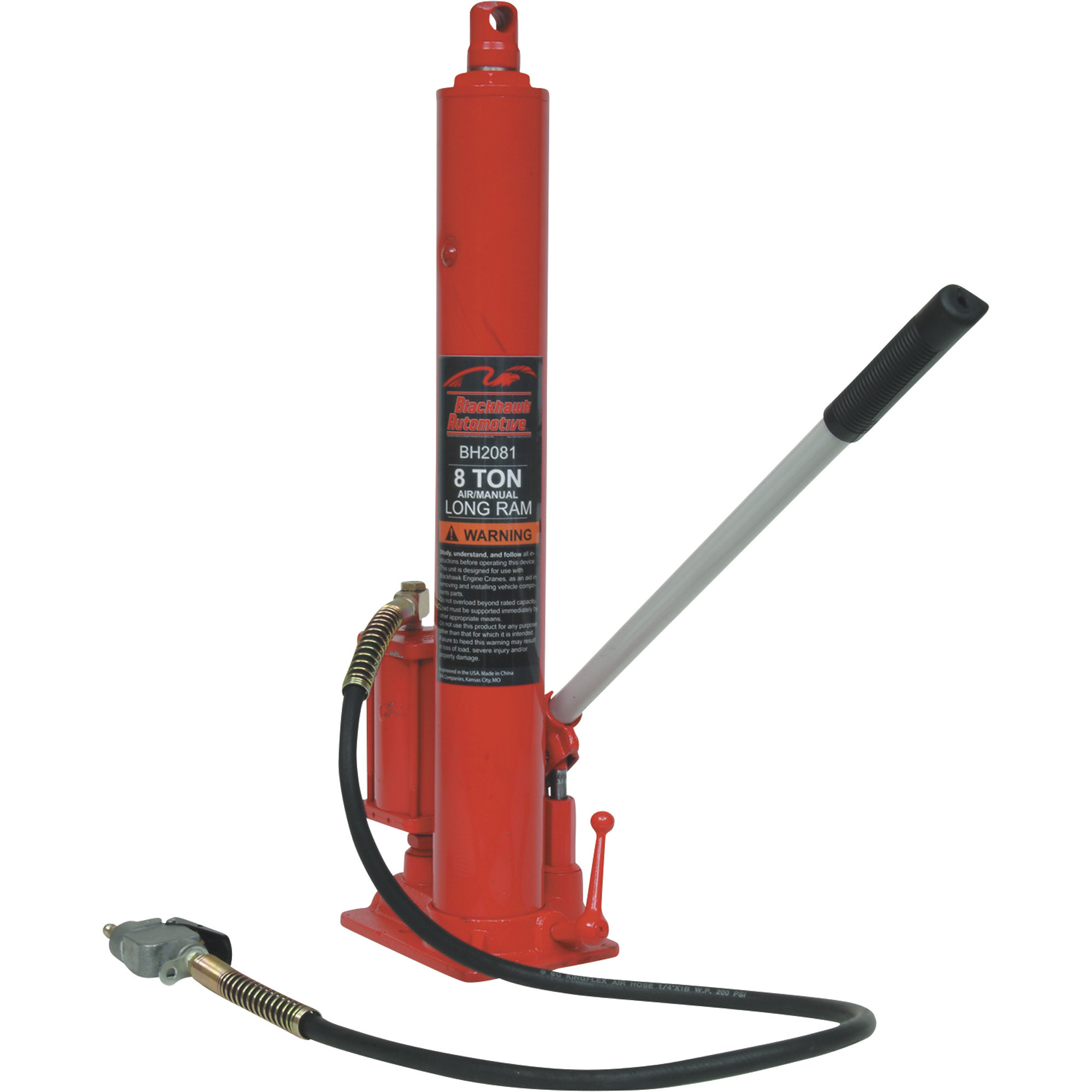 Blackhawk Automotive 8-Ton Long Ram Air/Manual Hydraulic Jack, Single Piston, Flat Base, Model# BH2081